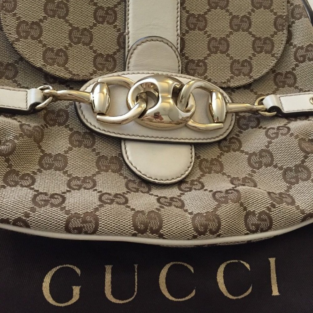 Gucci Canvas Monogram Shoulder Bag Gold Buckle